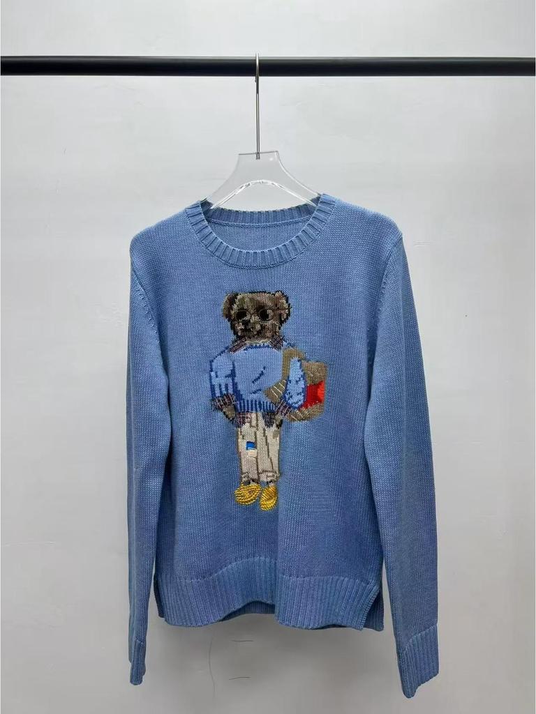 2025 R.L Wool Blend Cartoon Bear Round Neck Sweater - Women's Autumn/Winter Versatile Embroidered Style