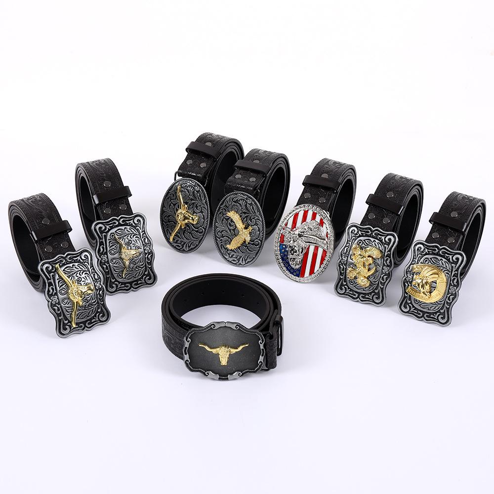 Embossed 3D Hook & Buckle Western Cowboy Style Leather Belt