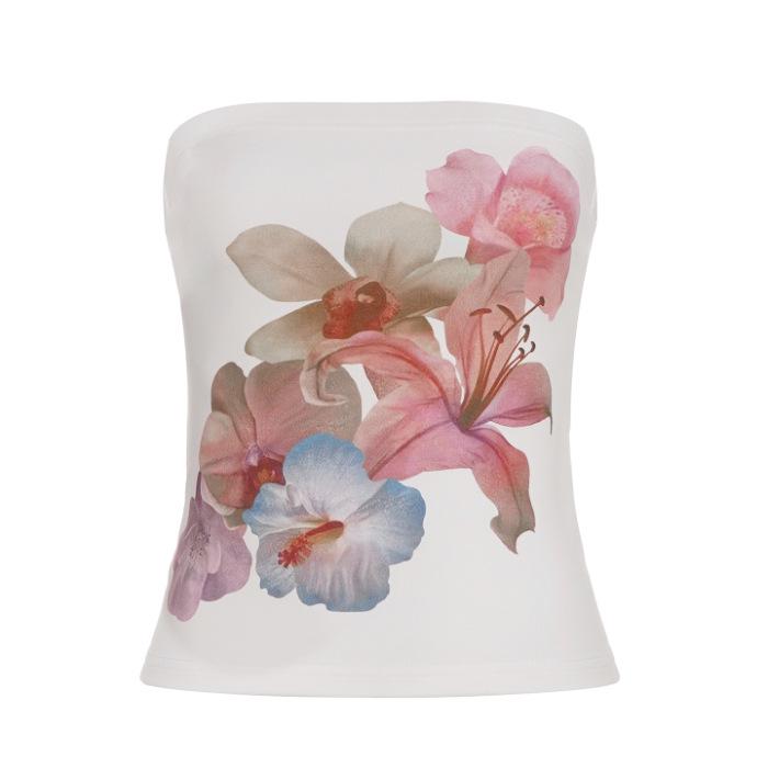 Элегантный узкий топ-майка без бретелей с цветочным принтом - Французский романтический стиль M белый