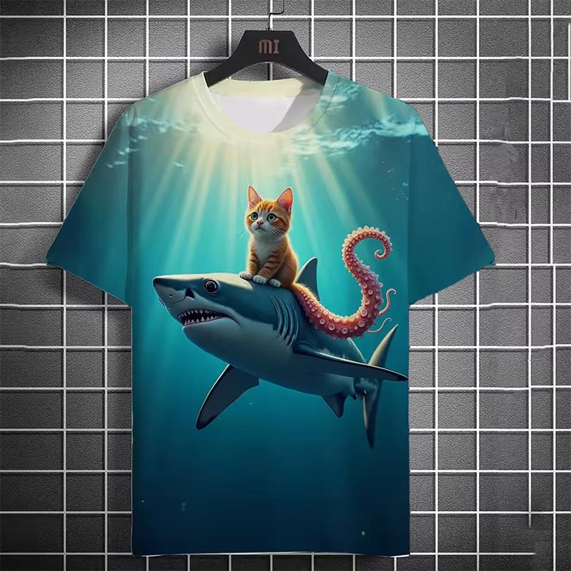 Men's T-shirt 3D Printed Funny Beach Catching Fish Kitten Printed Short Sleeve T-shirt Daily Casual Round Neck T-shirt Polyester
