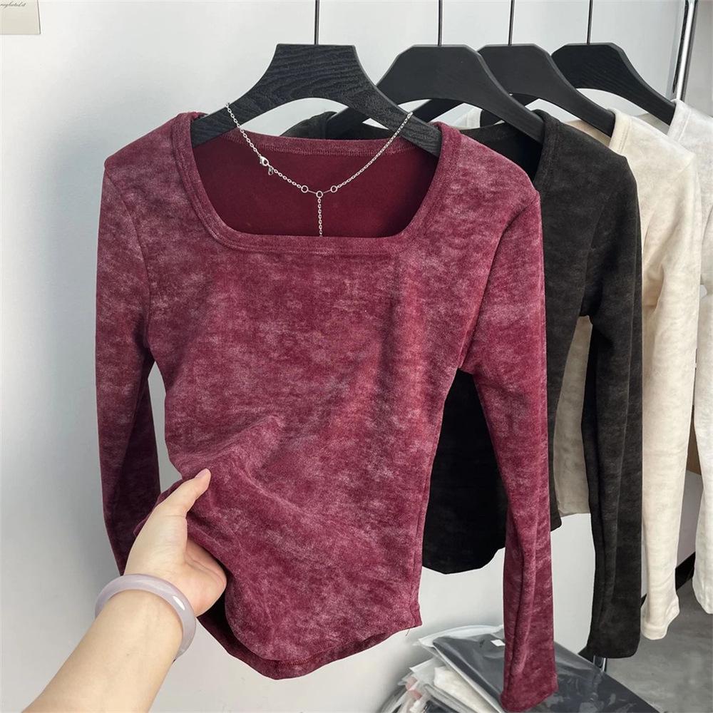 Women's French Square Neck Tie-Dye Thermal Slim-Fit Long Sleeve Top - Autumn/Winter New Arrival