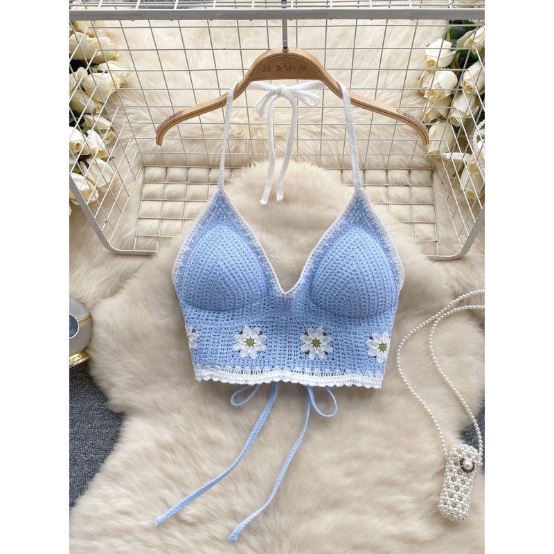 Fresh Crocheted Open Back Sling Bottoming Shirt Halterneck