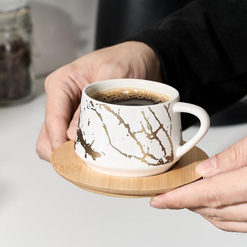 Ceramic Espresso Cups with Saucers and Metal Stand, Small 4 oz Porcelain Demitasse Cups Set of 6, Cute Cappuccino Coffee