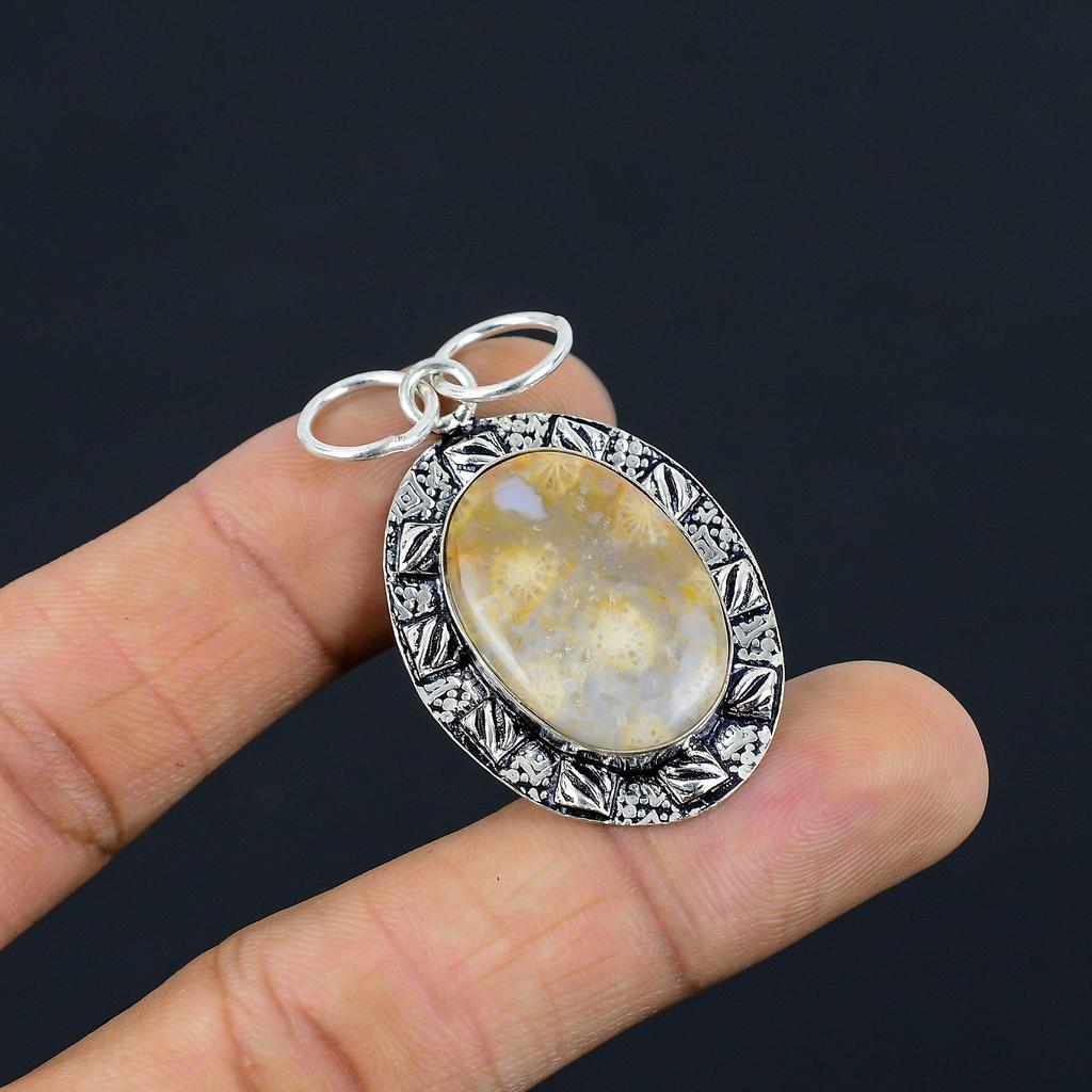 Natural Fossil Coral Gemstone Pendant 925 Sterling Silver Indian Jewelry