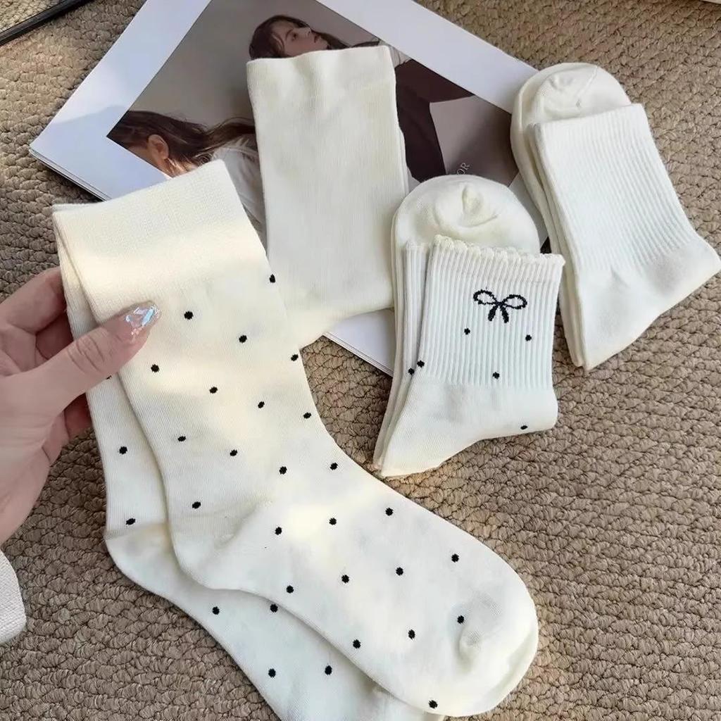 Yi Fan Autumn Mid-Calf Maternity Socks - Solid Color, Polka Dot Bow Lace, Stacked Trendy, Student Style