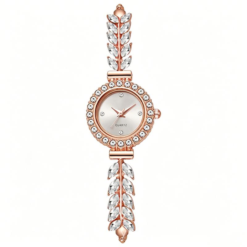 New Fashion Women Quartz Watch Leaf Design Slim Strap Rhinestone Round Dial Pull Adjustable Bracelet Wristwatch
