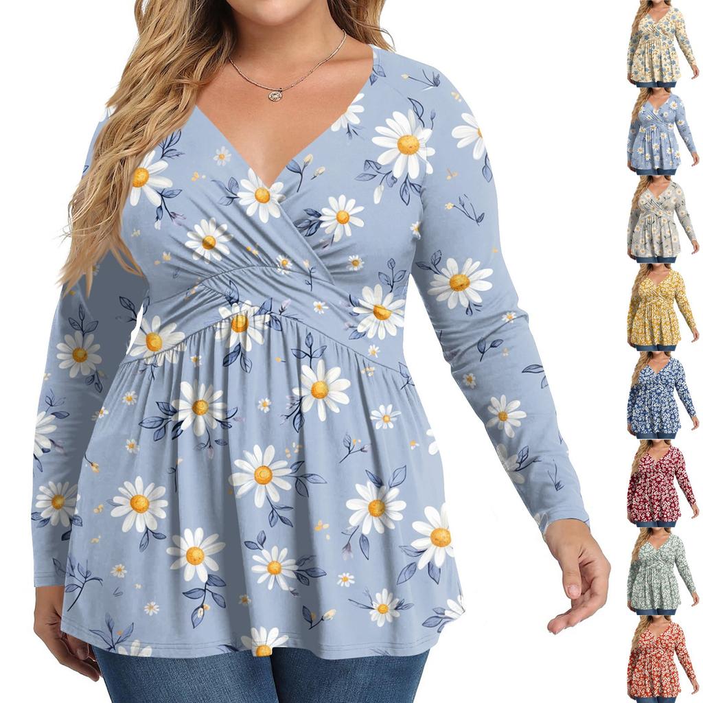 Dámská košile plus size s dlouhým rukávem, potisk, plisovaný ležérní top s výstřihem do V