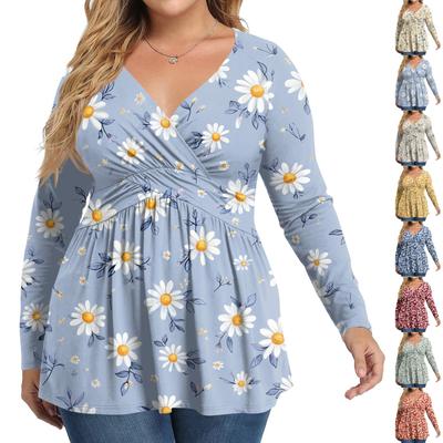 Women's Plus Size Shirt Long Sleeve  Print Top Pleated Casual V-Neck Top