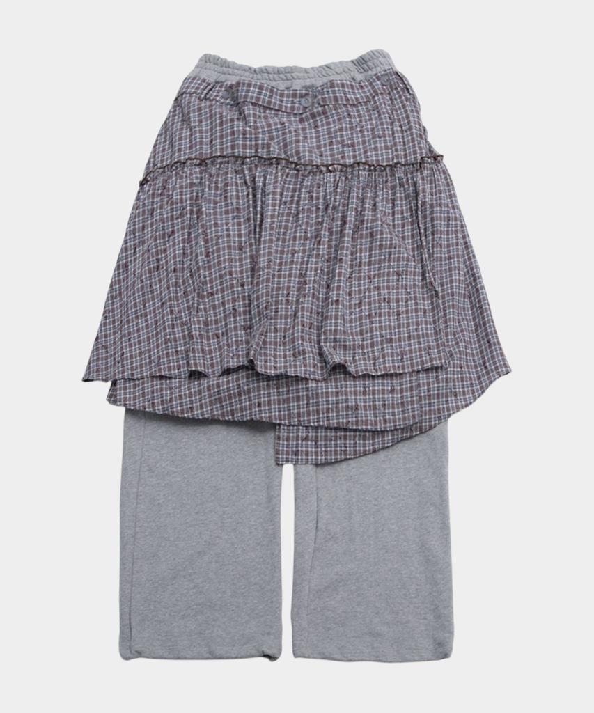 SOME PLACE Asymmetrical Check Layered Midi Wrap Skirt & Training Pants Setup [Gray]