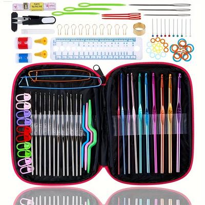 100dílná sada háčků na háčkování v růžové barvě, kovové jehly na pletení a řemesla, nůžky, měřidlo na pletení a sada DIY šicích doplňků s pouzdrem pro všechna roční období