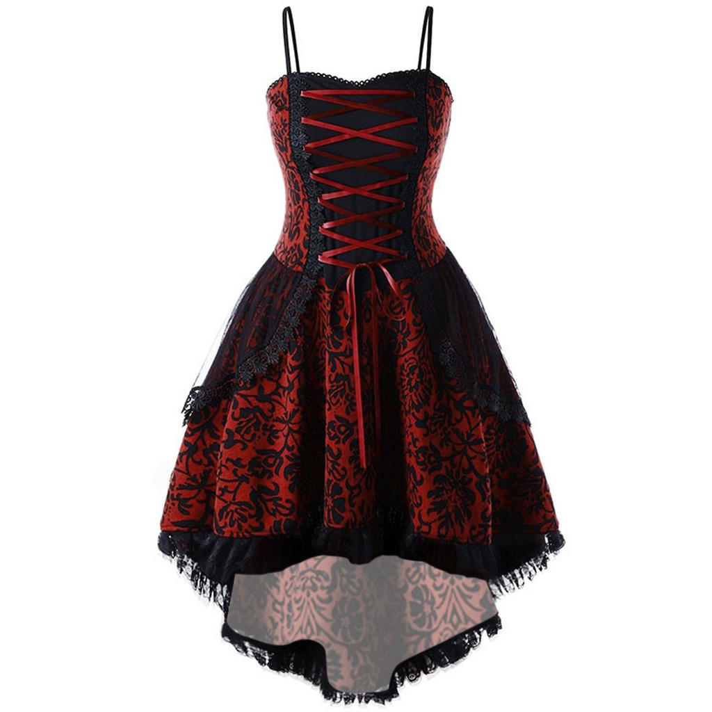 Women's Fashion Print  Dress Vintage Lace Straps Large Irregular Hem Dress