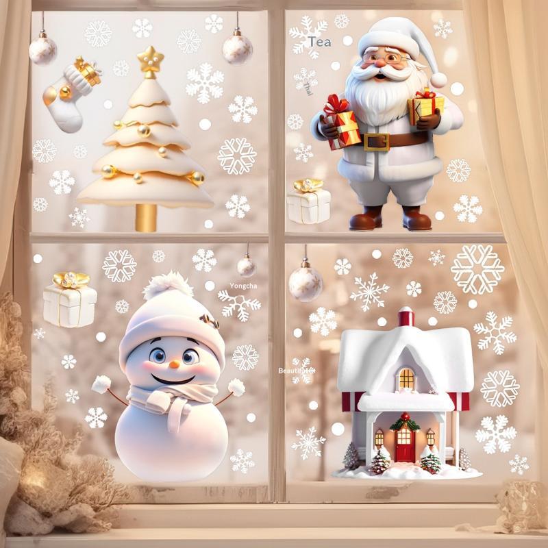 Christmas Window Static Stickers 2/4 Sheet Easy Peel Removable Santa Reindeer Snowflake Decals for Winter Holiday Party Decor