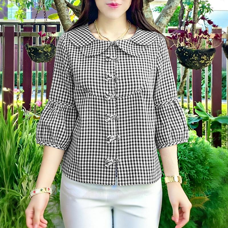 

ZANZEA Womens Grid Print Casual Doll Collar 3/4 Sleeve Blouse S чёрный