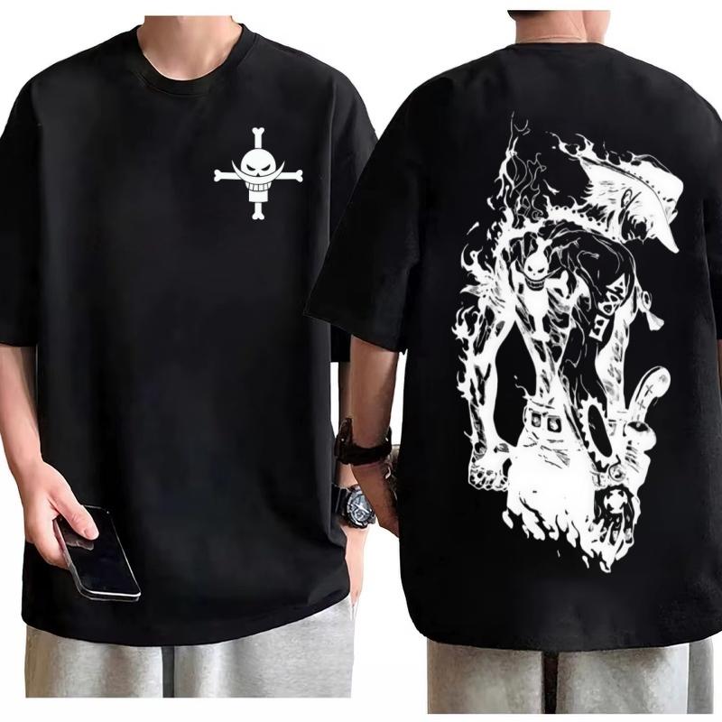 One Piece Portgas D Ace T-Shirt Herren Oversized Baumwolle Anime Grafik T-Shirt Lässig Streetwear Print Weich Atmungsaktiv Lockere Passform Oberteil