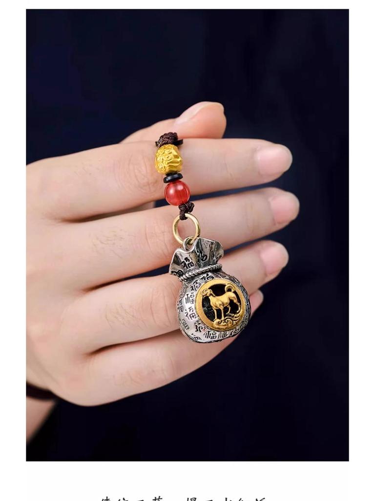 Twelve Zodiac Blessings Money Bag Keychain: Gold Snake Charm for Wealth & Treasure