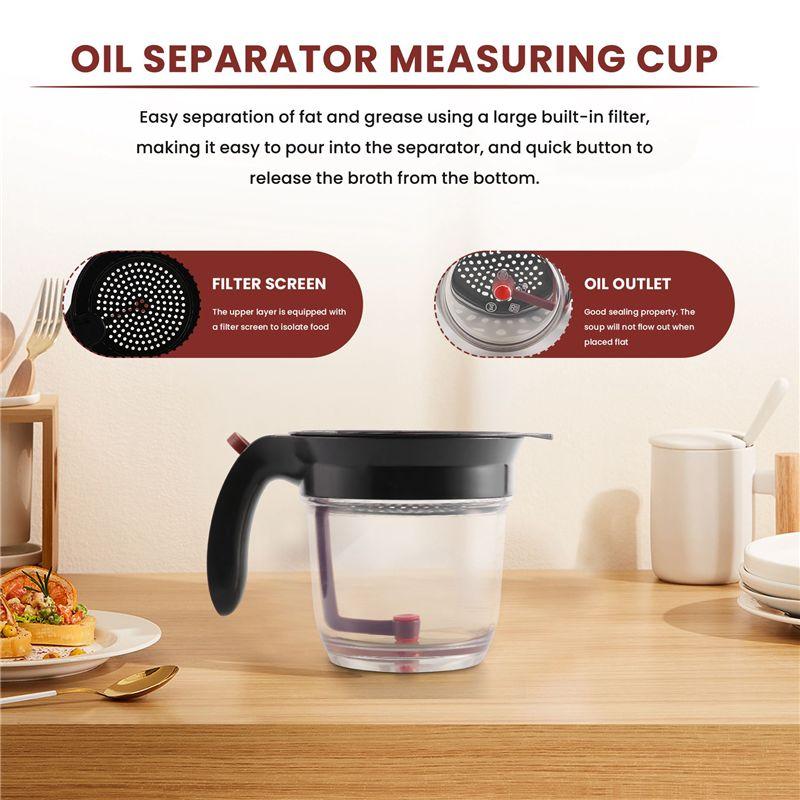 A84E-1000ML Oil Separator Measuring Cup And Strainer With Bottom Release For Gravy Sauces And Other Liquids With Oil Grease