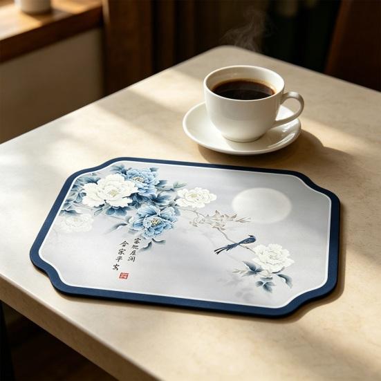 Absorbent Coffee Bar Mat for Espresso Machine, Floral Bird Pattern Non-slip Dish Drying Mat, Diatom Mud Quick Dry Mat for Kitchen Sink Countertop