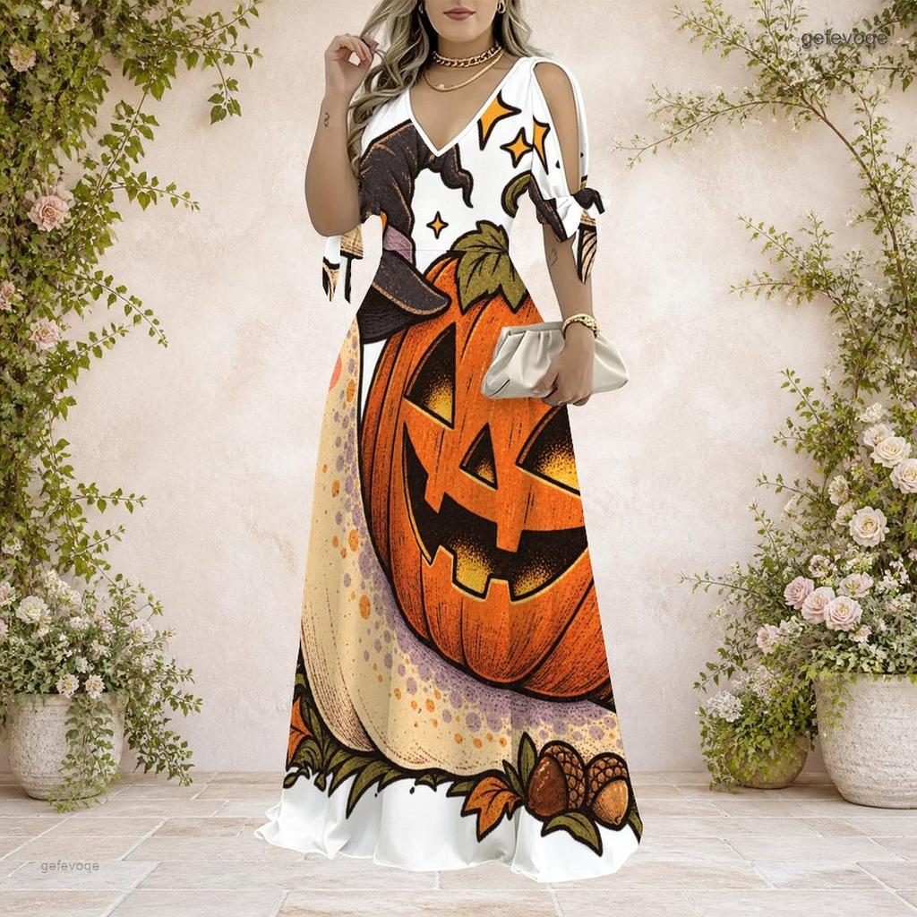 Women Plus Size V Neck Cold Shoulder Short Sleeve Halloween Llama Printed A Line Long Dress