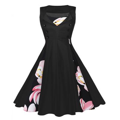 Women Evening Dress Floral Print A-line Big Swing Tight Waist Retro Patchwork Button Decor Sleeveless Prom Party Elegant Midi Dress
