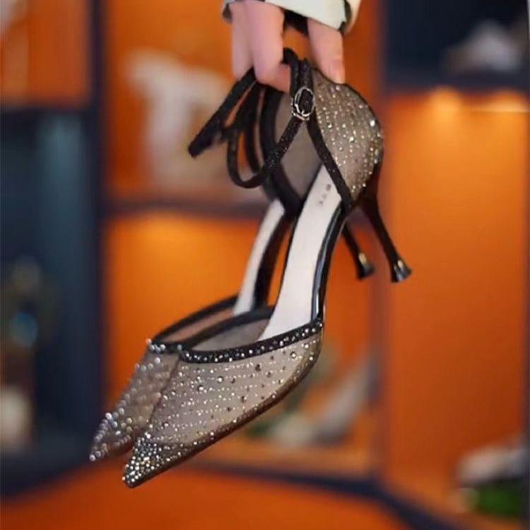 Women's Mesh High Heels Summer New Style 2026 Diamond Net Face Elegance Pointed Toe Thin Heel One-Strap Hollow Out Single Shoes