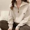 Damen Pullover im koreanischen Stil mit Pony-Stickerei und halbem Reißverschluss - Locker gestricktes Oberteil für Herbst & Winter