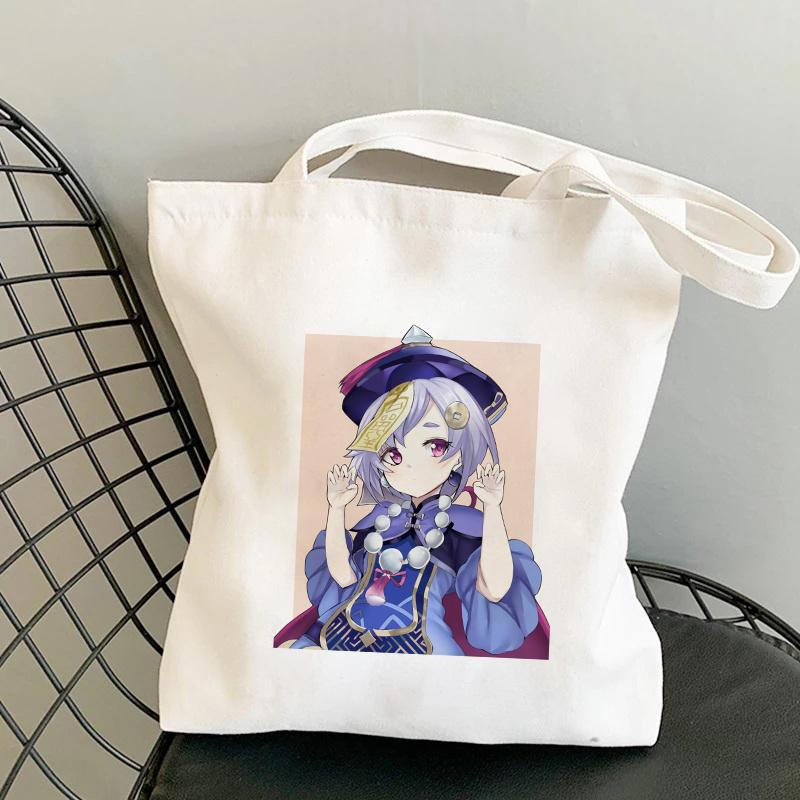 Shopper Genshin Impact Qiqi Anime Shopping Bag Harajuku Canvas Bag Large Capacity Collapsible Kawaii Women Shoulder Bag Handbag
