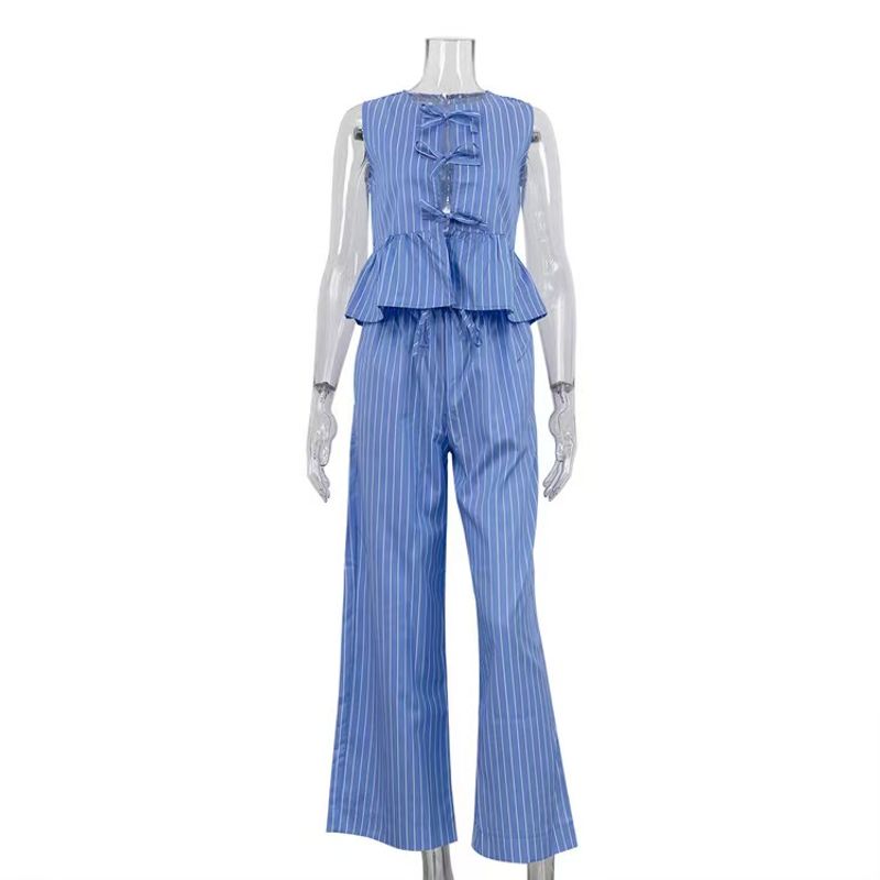 

Fashion Wind New Arrival Fashion Striped Lace-up Vest Pants Suit Striped Vest and Pants Set Blue S