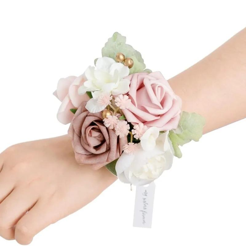 Valentine's Day Rose Wrist Corsage for Bride Groom Prom Wedding Artificial Silk Flowers Adjustable Wristband Artificial Flowers