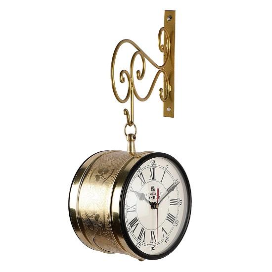 Horloge de station de sculpture en métal doré double face Bond street avec support en métal 16,51 cm