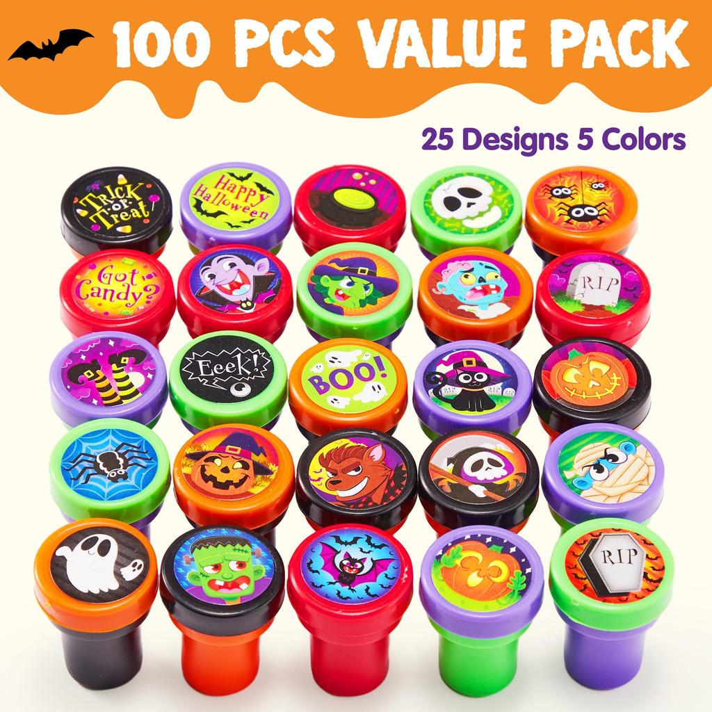 JOYIN 100pcs Halloween Stampers for Kids 25 Designs Assorted Plastic Stamps for Halloween Party Goodie Bag Teacher Student Classroom Game Prizes