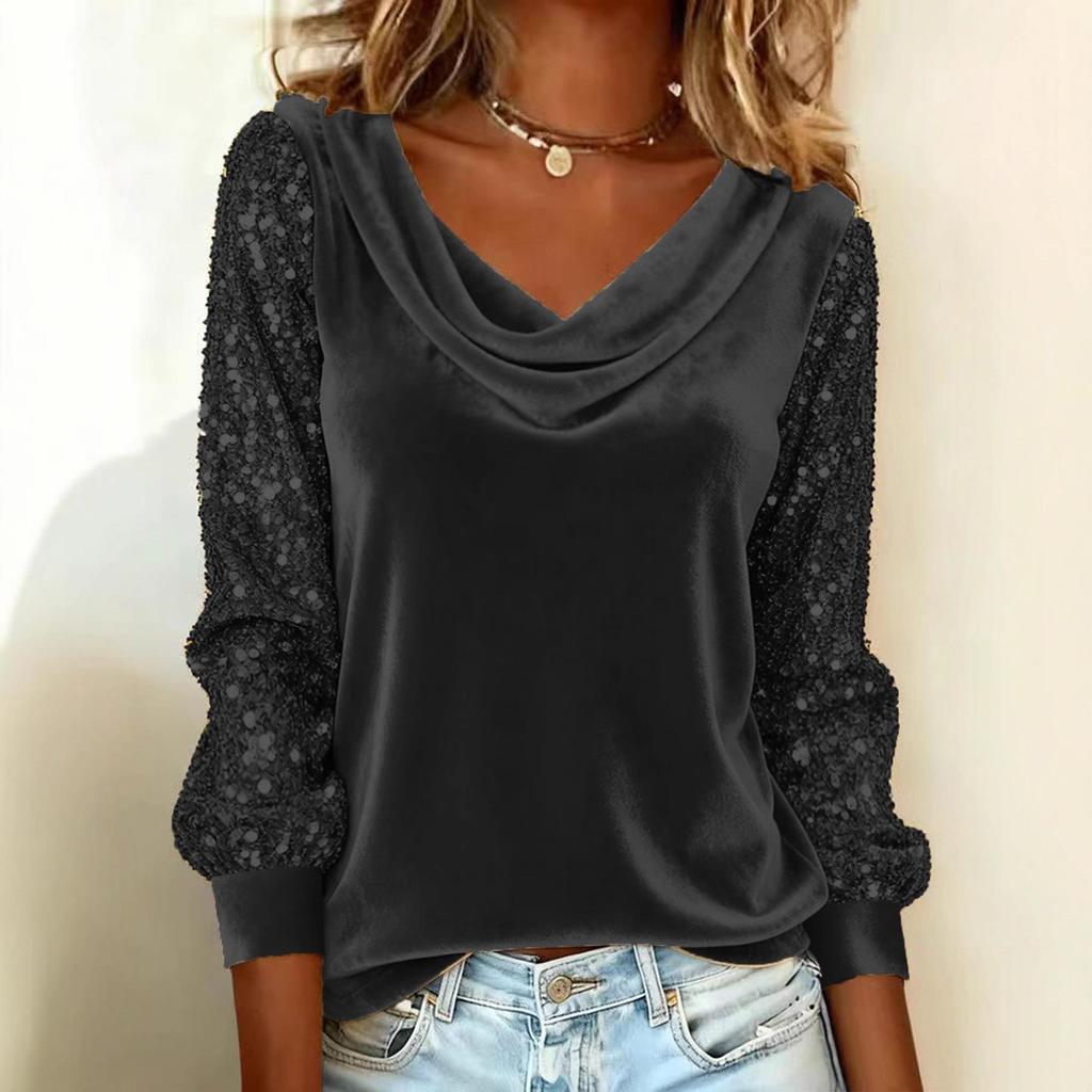 2025 Velvet High Neck Sequin Patchwork Long Sleeve Women's Top