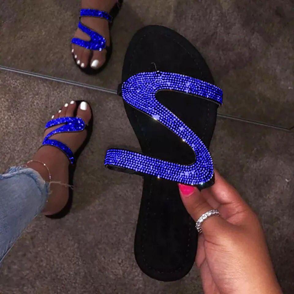 Spring and summer new large size flat toe cool slippers female sweet rhinestones, beach slippers