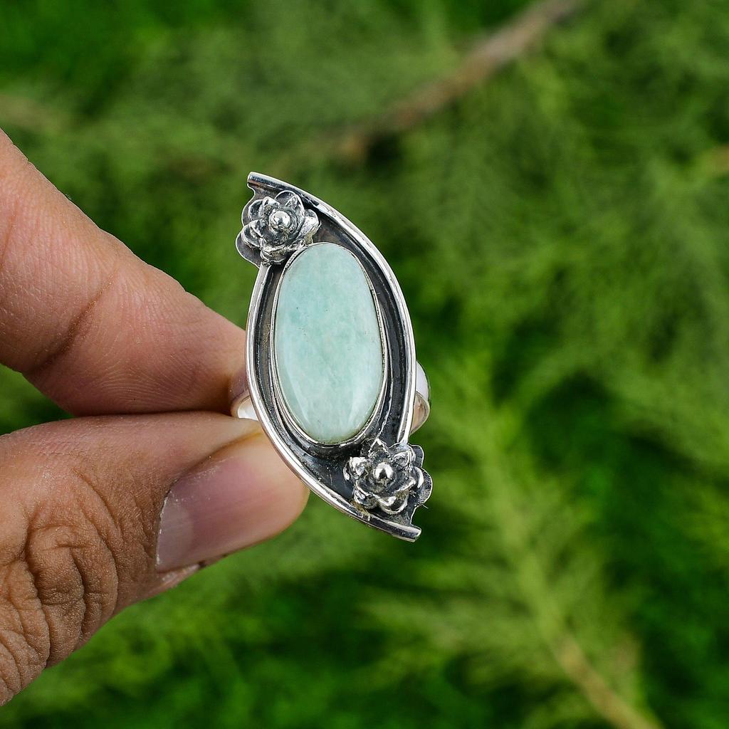 Mothers day Sale Amazonite Gemstone Anniversary Flower Promise Ring 925 Silver