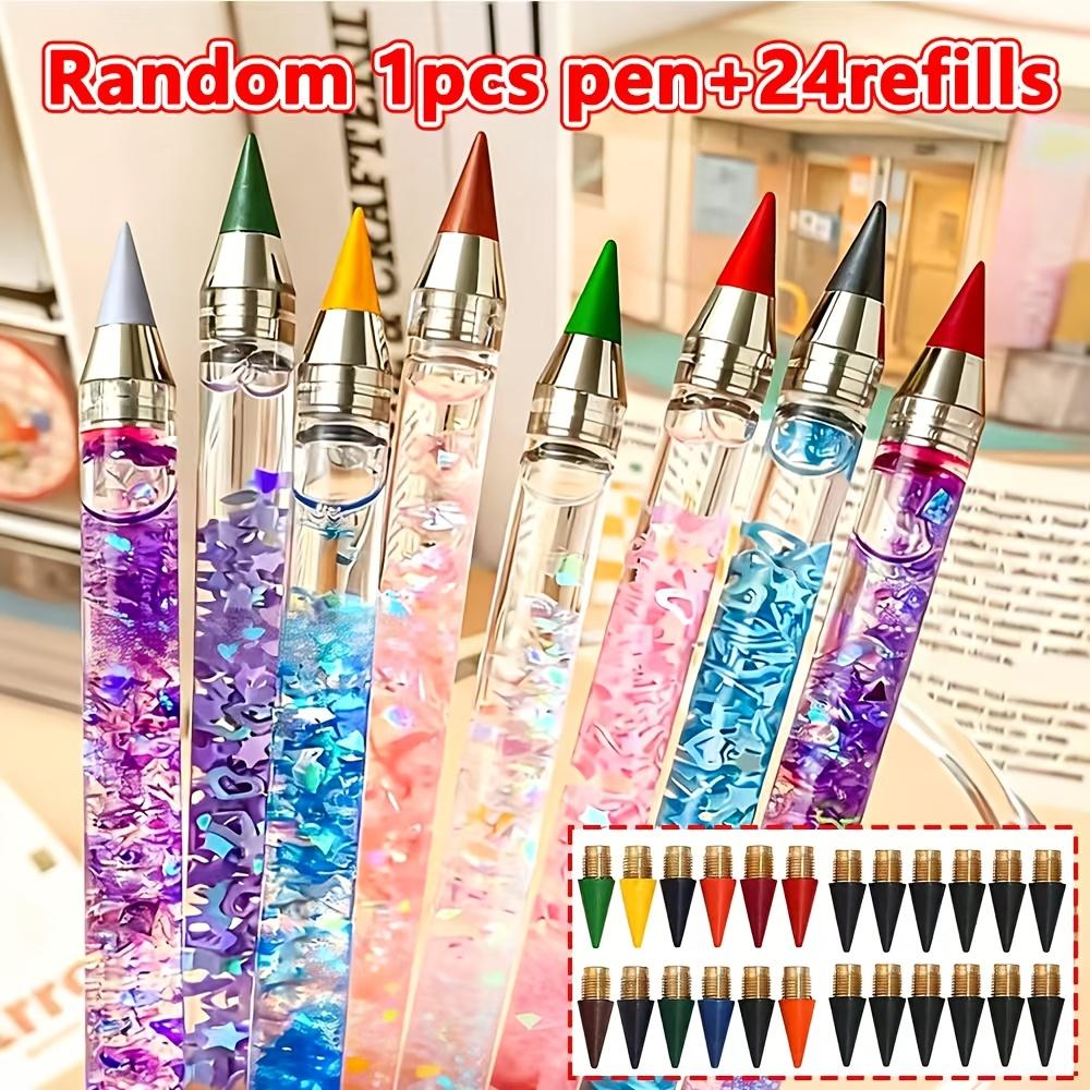 Cute Quicksand Everlasting Pencil Eternal Pencil Set Colorful Inkless Pencil Reusable Liquid Glitter Sketch Pen 1pencil+24refills