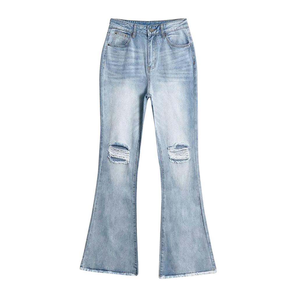 Ladies' Pocket Denim Wide Leg Pants With Holes And Slightly Flared Jeans
