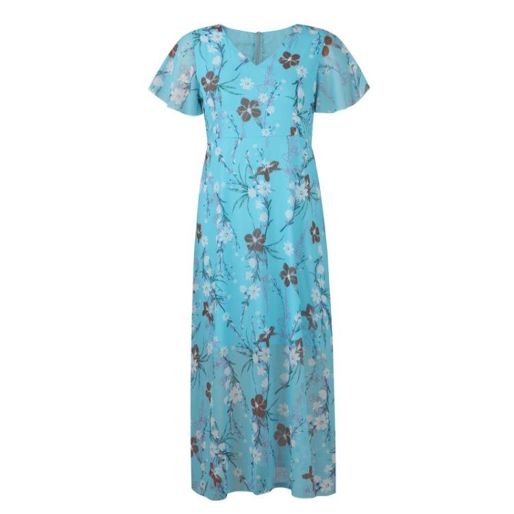 Dame Blomstret Chiffon Swingkjole Lang Kappe V-hals Kort Erme Midje Flytende Sommerkjole Mote