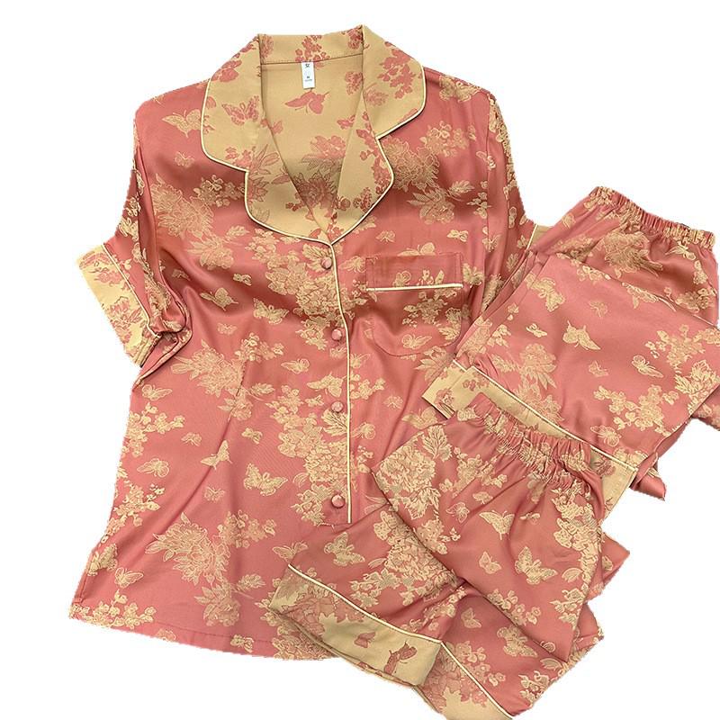 Cationic Chinese Style Ice Silk Jacquard Pajamas Set for Women - Retro Homewear Also Suitable for Outdoor Wear