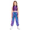 Mädchen Jazz Dance Crop Top Stehkragen Ärmellos Verdeckter Reißverschluss Hinten Pailletten Metallisches Patchwork Rüschen mit Glänzender Hose für Bühnenauftritt