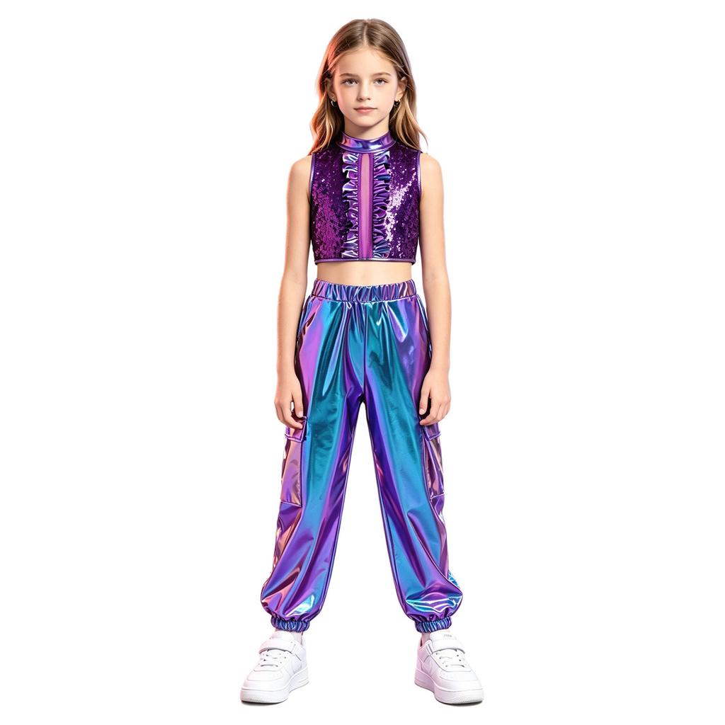 Mädchen Jazz Dance Crop Top Stehkragen Ärmellos Verdeckter Reißverschluss Hinten Pailletten Metallisches Patchwork Rüschen mit Glänzender Hose für Bühnenauftritt