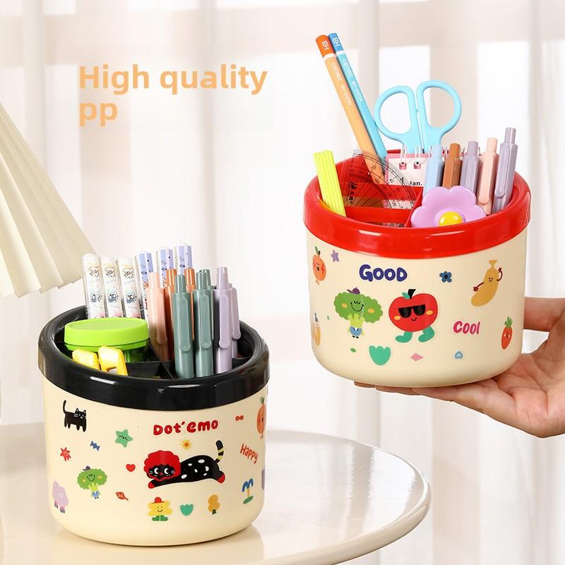 Cartoon Pen Holder - Cute Compartmentalized Plastic Pen Case for Girls' School Desk and Office Use