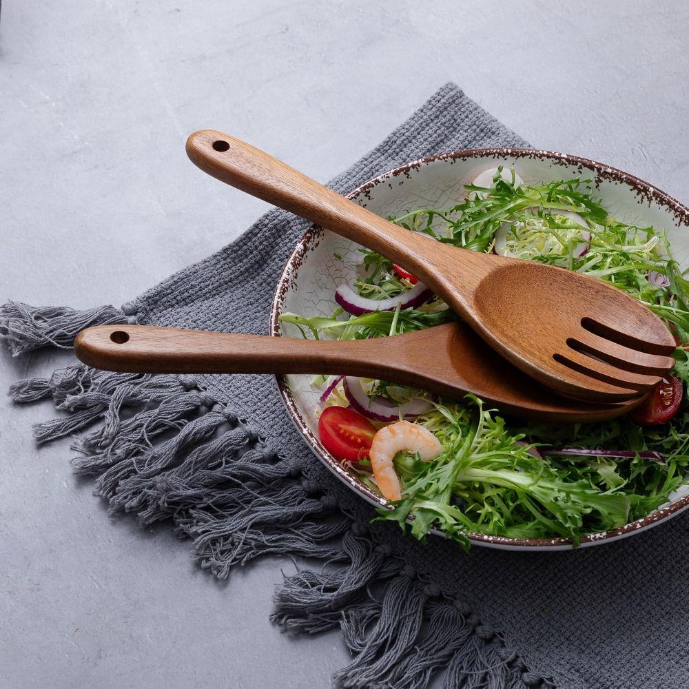 2Pcs Acacia Wood Salad Servers Polished Portable Salad Tongs Long Handle 10.5 Inch Spoon and Fork Set Serving Utensils