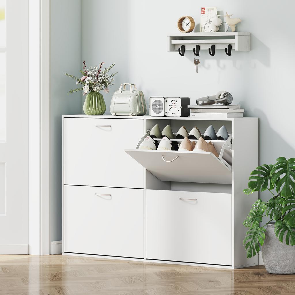 Space-Saving Wooden Shoe Rack, 4 Drop-Down Drawers, 16-24 Pairs, 120x24x81cm, White
