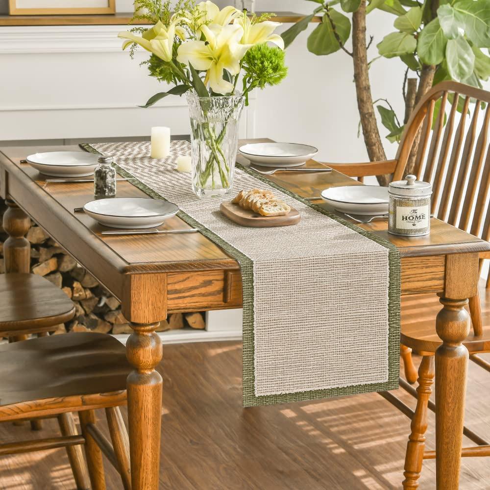 Caminho de Mesa Listrado Bege e Verde - Durável de Alta Qualidade, Elegante para Mesa de Jantar, Mesa de Café, Decoração de Casa