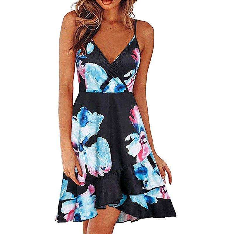 

Strap Dress2025 Summer Women clothes Sexy Fashion V-neck Sling Sleeveless Backless Multicolor Print Dress 8180-3 M