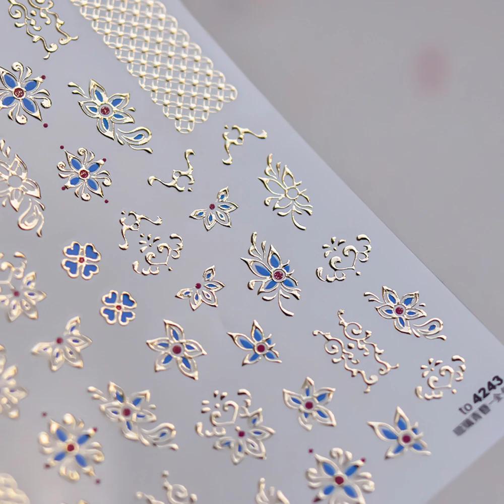 Oriental Blue and White Porcelain Nail Art Sticker Delicate Gold Outline Floral Nail Art Chinese Vintage Ceramic Manicure Decal
