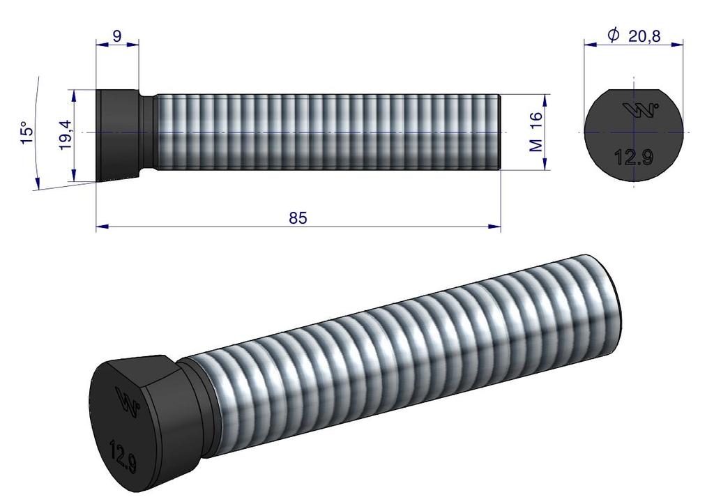 Complete Oval Plough Bolt, Cut On One Side, M16x85 , Class 12.9, for Kverneland Waryński M16X85OV1 (sold In Packs of 10)