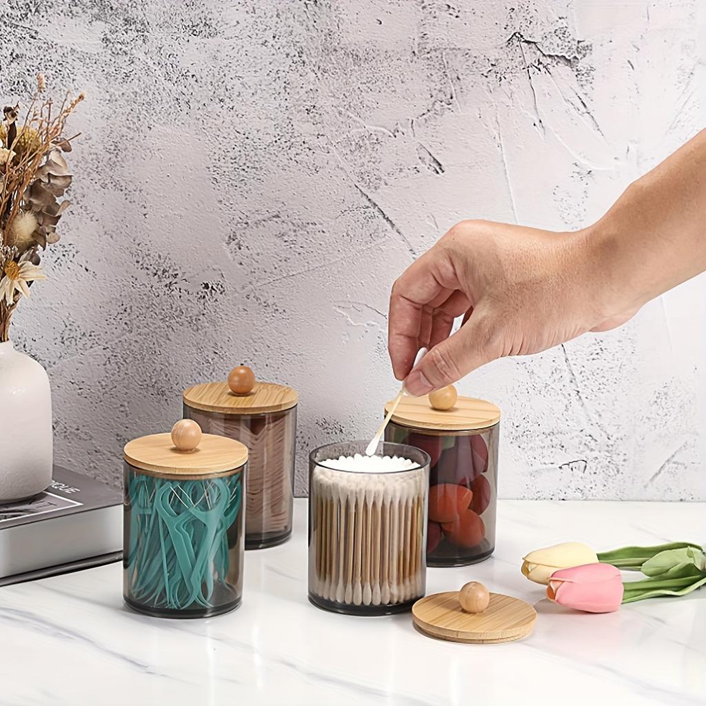 4 Packs Holder Dispenser With Bamboo Lid - 10-Ounce Bathroom Storage Containers for Cotton Balls Cotton Swab Bath Salts Vanity C