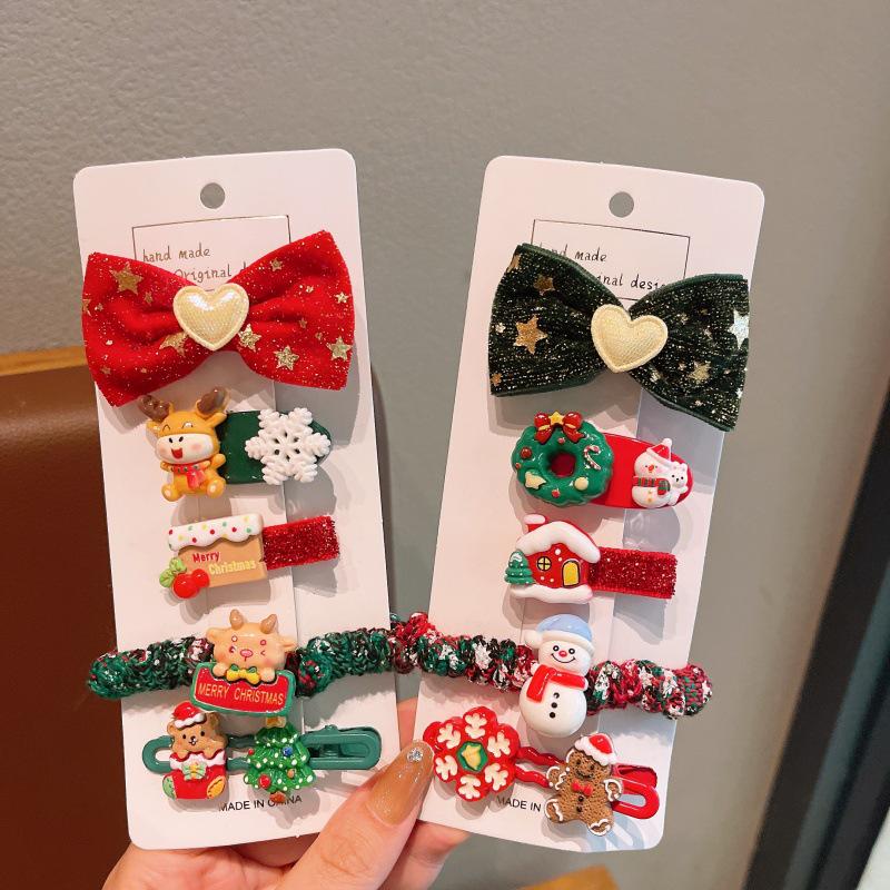 Mori Style Christmas Hair Accessories: Cute Deer & Snowman Clips, Red Rubber Bands for Little Girls