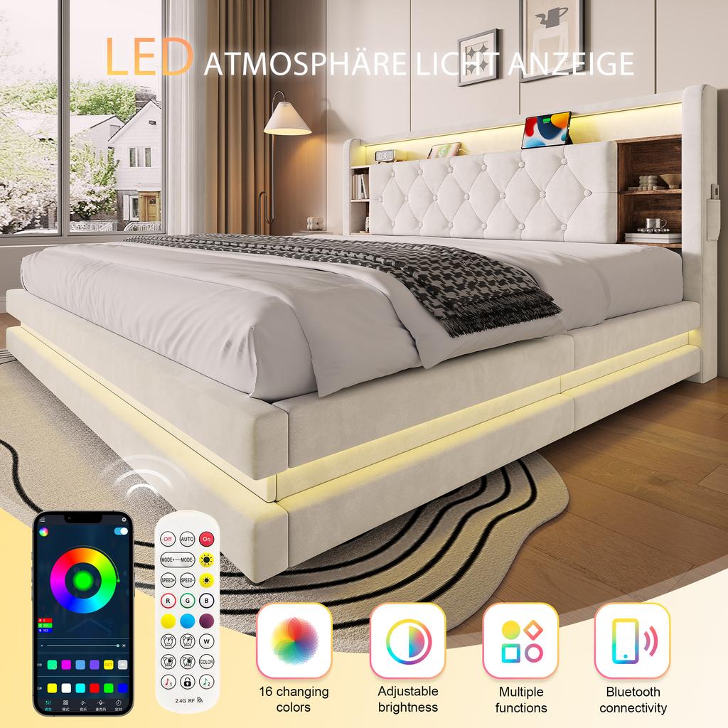 Letto imbottito con contenitore 180 × 200 cm, Letto in velluto con testiera multifunzionale, Illuminazione a LED, 2 Porte USB e Type-C, Idraulico, Beige