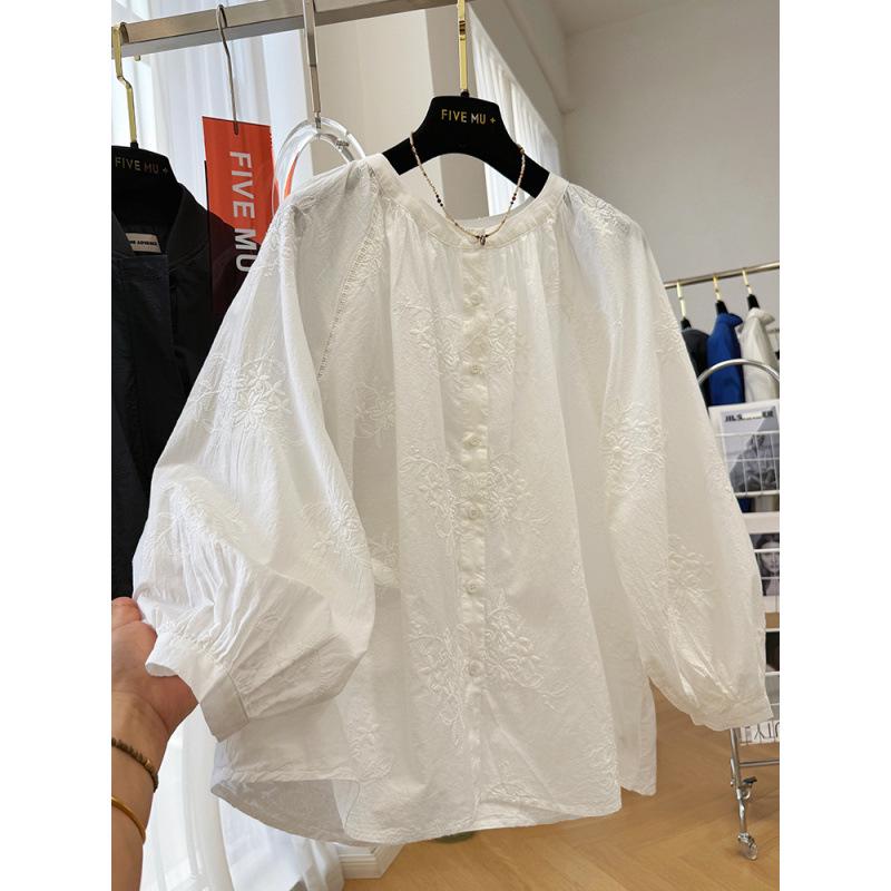 Korean Style Embroidered Round Neck Long Sleeve Women s Spring Doll Shirt L